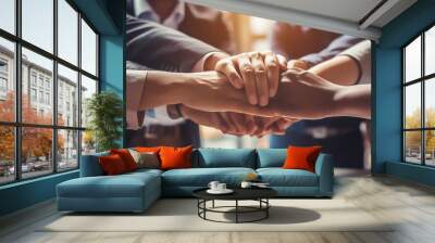 Success of team concept, hands of Business teamwork join hands together in office, Generative AI Wall mural