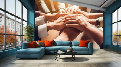 Success of team concept, Top view hands of Business teamwork join hands together in office, Generative AI Wall mural