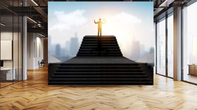 successful businessman, success business, achievement people holding award,trophy standing on top of stair over city Wall mural