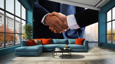 successful negotiate and handshake concept, two businessman shake hand with partner to celebration partnership and teamwork, business deal. Wall mural