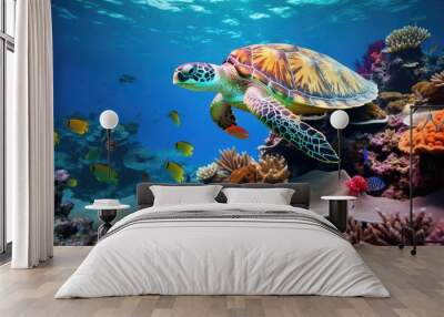 turtle with Colorful tropical fish and animal sea life in the coral reef, animals of the underwater sea world Wall mural