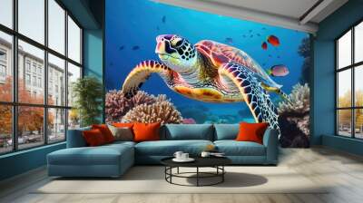 turtle with Colorful tropical fish and animal sea life in the coral reef, animals of the underwater sea world Wall mural