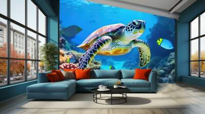 turtle with Colorful tropical fish and animal sea life in the coral reef, animals of the underwater sea world Wall mural