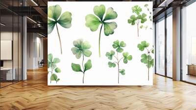 Lucky clover leaves with four leaf. Patricks day watercolor clipart Wall mural