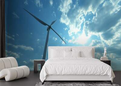 A modern green energy wind farm under a bright blue sky with fluffy white clouds, showcasing eco-friendly technology and emphasizing sustainability themes for a cleaner future. Wall mural