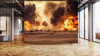 Fierce battle scene, desert war, flames, smoke filling the sky Wall mural