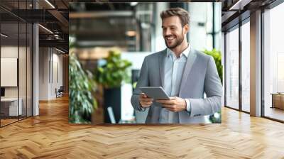 Happy young European businessman standing in office using tablet, looking away while multitasking. Smiling male executive manager and company owner focused on work and professional tasks, utilizing te Wall mural