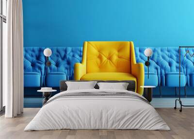 Highlighting Talent: A Yellow Chair Stands Prominently Among Blue Chairs, Emphasizing the Concept of Talent Selection in a Business Setting, 3D Rendered on a Blue Background. Wall mural