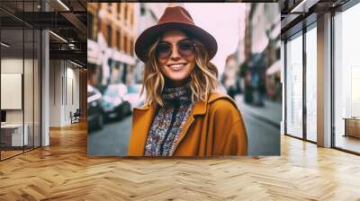 a stylish woman exploring a vibrant city her coat and smile adding a touch of vibrancy to the urban landscape capturing the essence of urban adventure. Wall mural