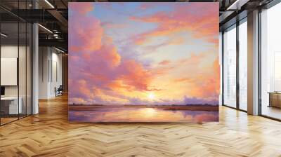 A vibrant sunset sky painted in hues of orange pink and purple with wispy clouds adding depth and texture  Wall mural