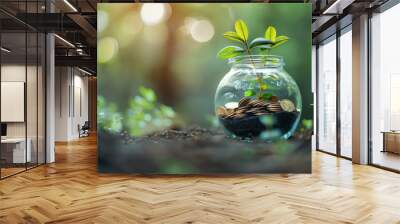 A young plant sprouts from a glass jar filled with coins, set in a lush forest, symbolizing growth and sustainable investment. Wall mural