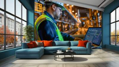 An industrial engineer wearing safety gear uses a laptop to monitor data and control machinery in a factory setting. Wall mural