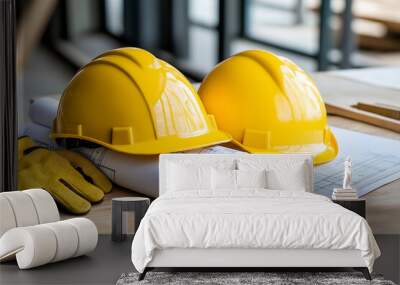 Two yellow hard hats rest on a table with rolled-up blueprints and a pair of gloves, symbolizing construction and planning. Wall mural