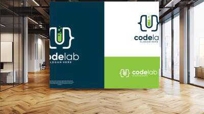 Code lab logo design inspiration. Combination of glass laboratory with code symbols logo. Wall mural