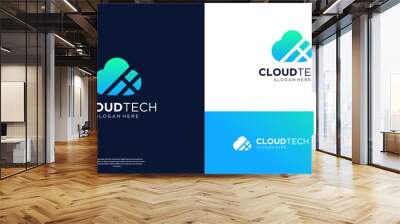 Flat minimalist cloud tech logo design template. Wall mural