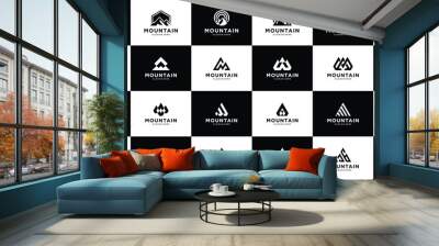 Mountain silhouette icon set logo design. Collection of simple abstract mount, peak, summit logo vector. Wall mural