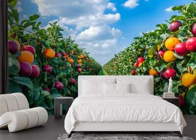 Vibrant Orchard Landscape with Colorful Fruits and Lush Greenery Wall mural