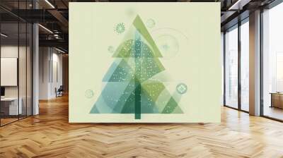 Abstract Christmas tree with snowflakes, festive holiday design featuring a green tree and ornaments, perfect for a seasonal greeting card or winter wallpaper Wall mural