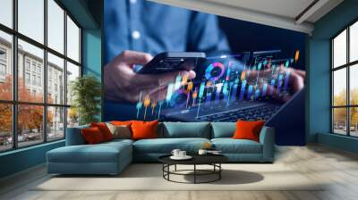 Businessman analysis working with computer in Business Analytics and Data Management System to make report with KPI and metrics connected to database. Corporate strategy for finance, sales, marketing. Wall mural