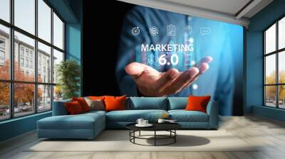 Businessman with Marketing 6.0 on digital business using ai tech and data analytics with IOT Connecting blockchain online marketing strategy planning concept. Wall mural