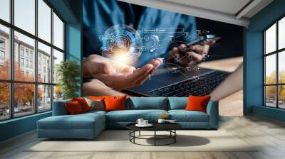 Data analysis of ai artificial intelligence process with technology processor to planning business information data, tech, network corporate concept. Wall mural