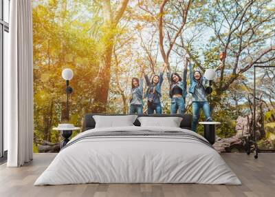 Group of Asian women destination finish enjoy and happy travel trekking in vacation time for go to camping. Wall mural