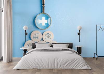 Health insurance concept. people magnifier holding plus and healthcare medical icon, health and access to welfare health concept. Wall mural