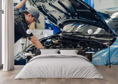 Mechanic man examining and maintenance to customer the engine a vehicle car hood, Safety inspection test engine before customer drive on a long journey, transportation repair service center Wall mural