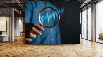 stock market for analysis technical grap. Businessman hand holding magnifier glass with virtual stock market chart, Business investment earning income concept. Wall mural