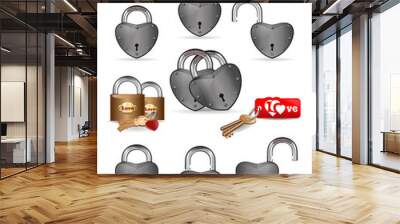 Metal, iron padlocks in the shape of heart for enamoured couple. Set locks with the inscriptions - Love, Love You. Loks isolated on white background. Locks for lovers. Vector illustration Wall mural