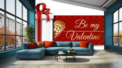 Red banner for Valentine's Day. Gift box, heart of gold and greeting inscription. Be my Valentine. Vector illustration Wall mural