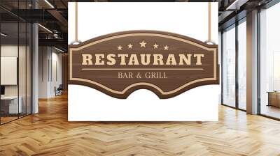 Restaurant signboard. Bar and grill. Curly wooden signboard hanging on the ropes. Vector illustration isolated on white Wall mural