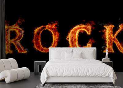 The word: Rock, consisting of burning letters isolated on black background. Flaming text. Hot fire text effect template Wall mural