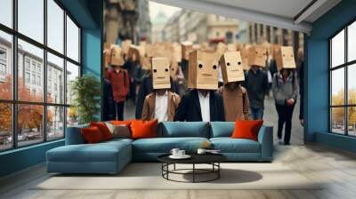 a crowd of people on the street with boxes on their heads, the concept of a public issue, unknown masked people, protest, democracy Wall mural