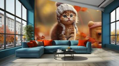 a cute little kitten is wearing a hat, posing in an autumn park among fallen yellow leaves, the background of the autumn calendar is a joke Wall mural