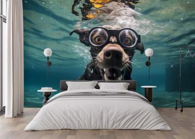 a freediver dog dives in clear water in summer. Wall mural