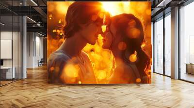 a kiss of a couple in love on a blurred sunny background, a gentle bokeh in warm soft tones Wall mural