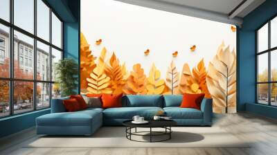 a row of yellow trees autumn panoramic drawing cartoon background. Wall mural