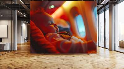 A small child is sleeping in the cabin of an airplane in close-up, the concept of traveling with children Wall mural