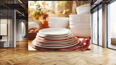 a stack of clean washed dishes in the kitchen indoor. Wall mural