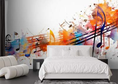 abstract musical background a swirl of multicolored notes on a white background isolated. Wall mural