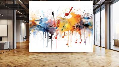 abstract musical background a swirl of multicolored notes on a white background isolated. Wall mural