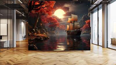 an ancient large sailing ship in the landscape of the red autumn forest. Wall mural