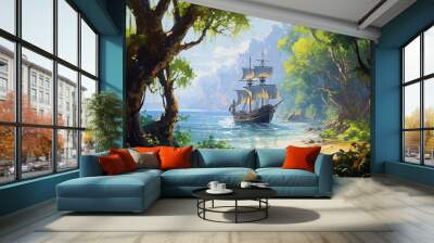 an old caravel sailboat in a forest lagoon in a bay around a forest landscape. Wall mural