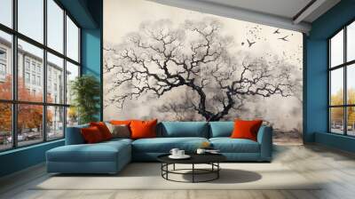 art autumn tree with a large crown without leaves on a white background watercolor monochrome drawing. Wall mural