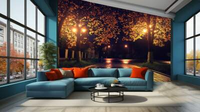 Autumn night landscape in the park alley trees Wall mural