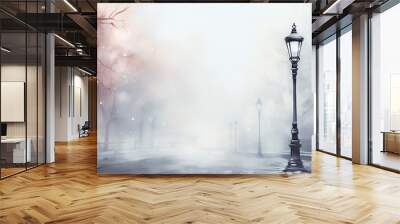 autumn watercolor light gray background, street lamp on a blurry background copy  space blank greeting form Wall mural