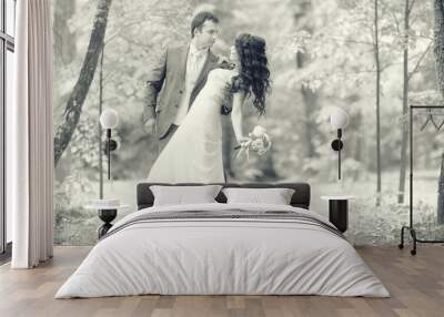 black and white portrait of the bride and groom wedding Wall mural