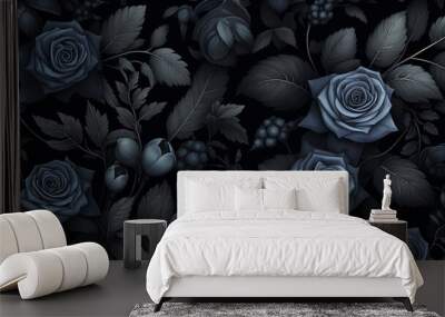 black flowers ornament on dark background gothic style Wall mural