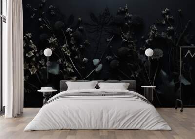 black flowers ornament on dark background gothic style Wall mural